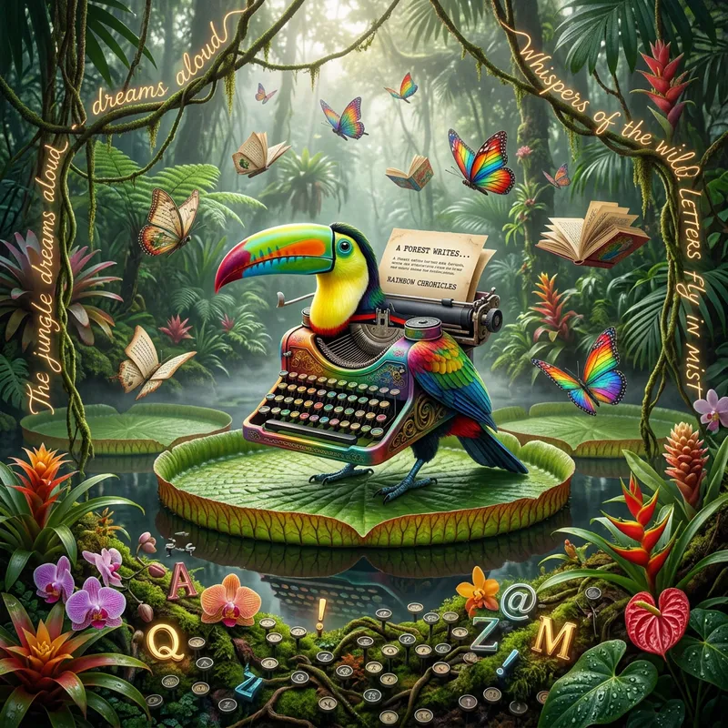 Surreal Jungle Scene: Typewriter Toucan Fusion