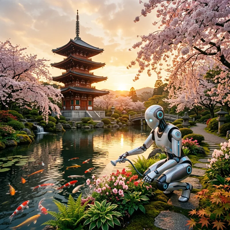 Harmony of Nature: AI-Powered Japanese Garden with High-Tech Robot