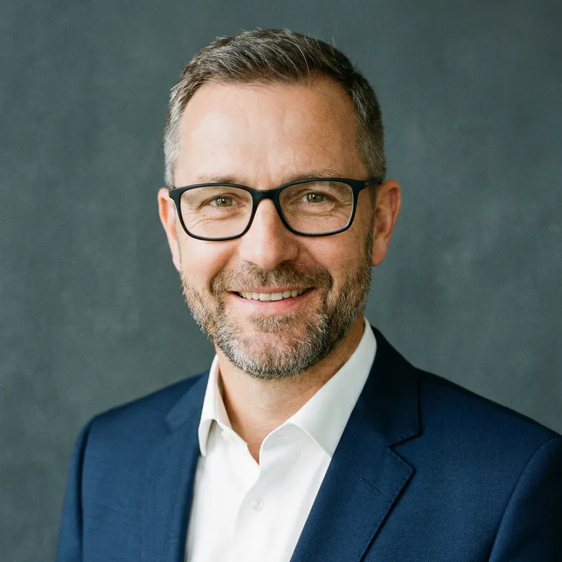 Professional Half Body Portrait | Middle-Aged Caucasian Male in Navy-Blue Suit