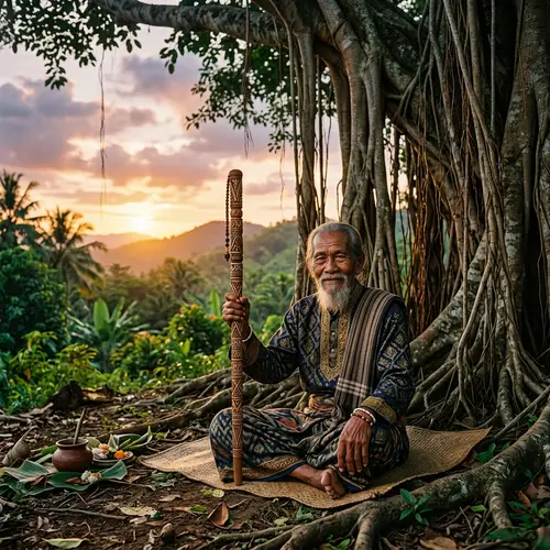 Elderly Southeast Asian Man Meditating | Wisdom Under Banyan Tree
