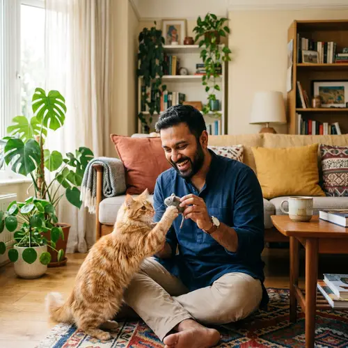South Asian Man Playing with Ginger Cat in Cozy Living Room