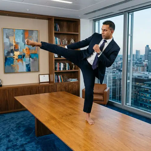 Business Executive Practicing Karate on Table