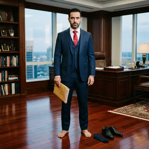 Middle Eastern Businessman in Navy Suit with Envelope - Unusual Barefoot Image