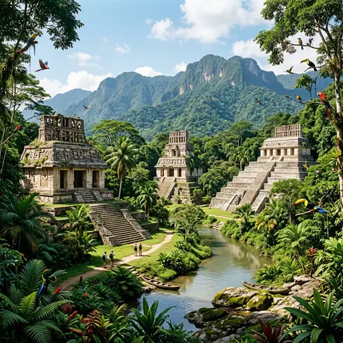 Ancient Mayan Temples in Serene Forest Landscape