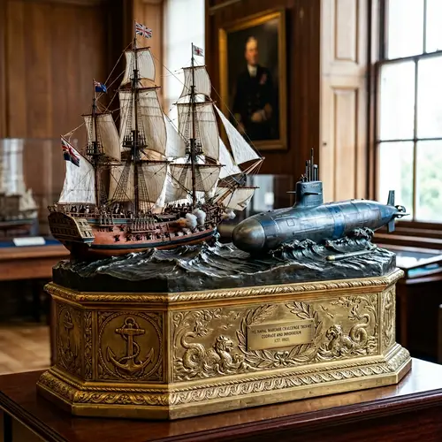 Ship and Submarine Trophy Sculpture - Nautical Battlefield Artwork