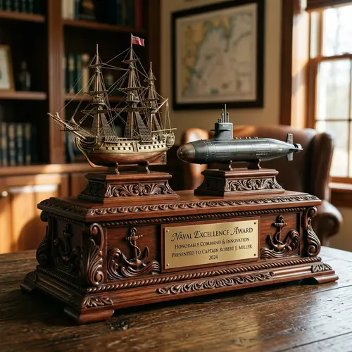 Warship and Submarine Trophy | Intricately Carved Wooden Stand