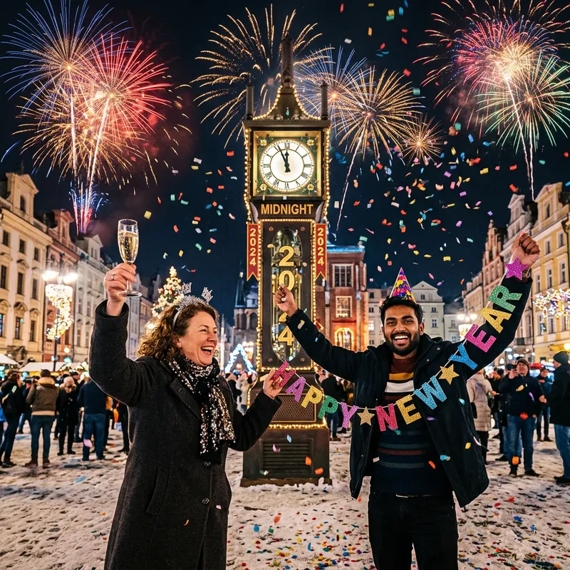 Happy New Year Celebration with Clock Striking Midnight and Fireworks Happy New Year Celebration with Clock Striking Midnight and Fireworks