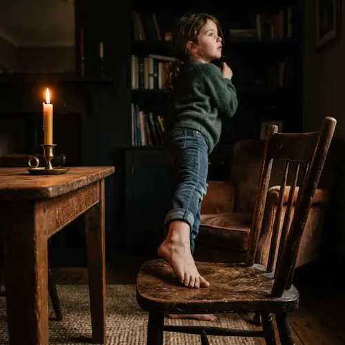 Cozy Atmosphere: Barefoot Girl, Candlelit Dark Room