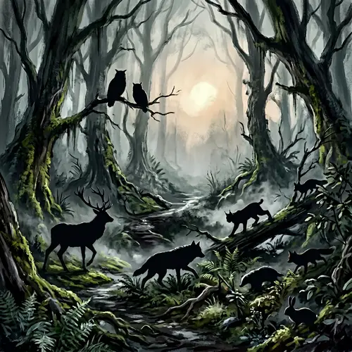Enigmatic Foggy Forest with Animal Silhouettes