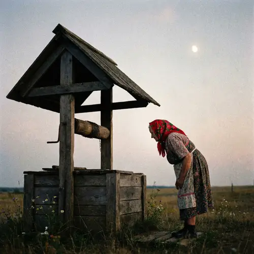 Russian Grandmother at Old Wooden Well in Night Sky