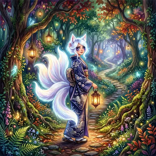 Mystical Forest Pathway Art: Enchanting Kitsune