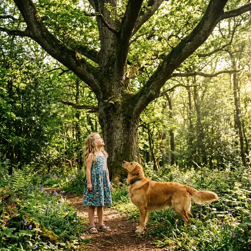 Caucasian Girl and Golden Retriever in Enchanted Forest