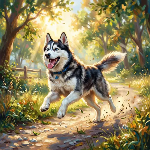 Playful Husky Running Joyfully in Sunlit Park