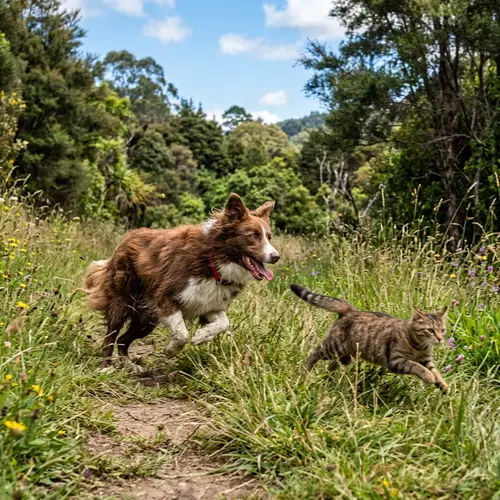 Vivid Border Collie and Agile Feline Chase in Natural Setting