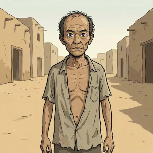 Cartoon of Emaciated East Asian Man | Powerful Frailty Depicted