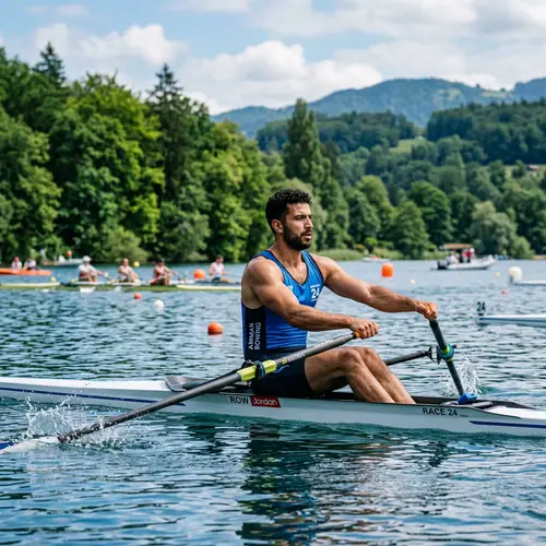 Male Middle-Eastern Rower in Competitive Race | Serene Lake Scene