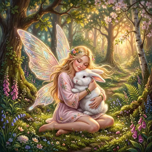 Blonde Fairy Hugging Bunny Artwork
