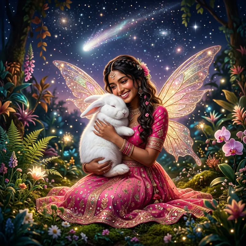 Enchanting Fairy Embracing Fluffy Bunny