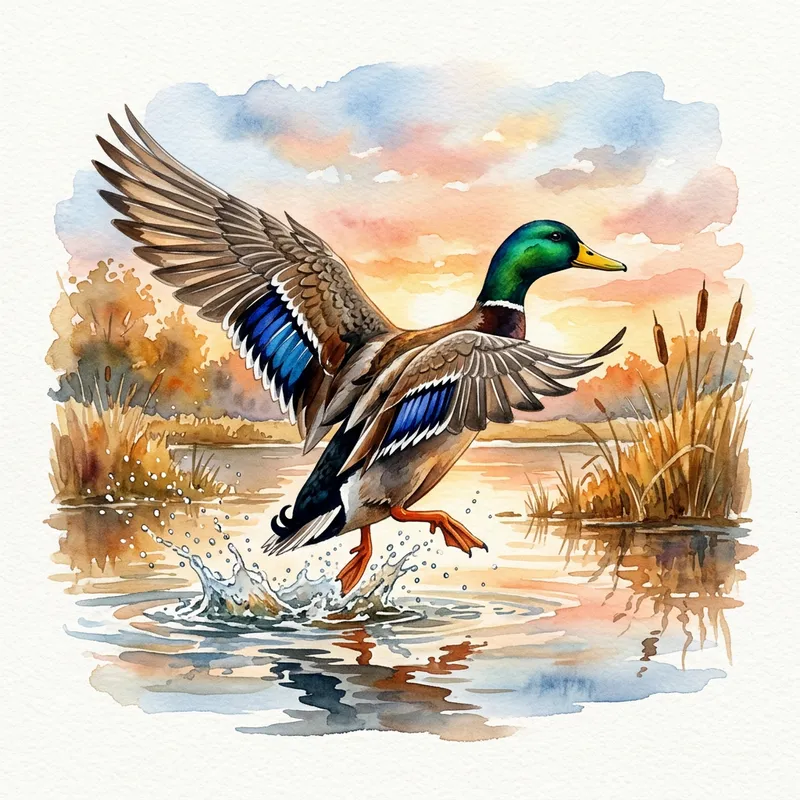 Vibrant Watercolor Mallard Duck Taking Flight
