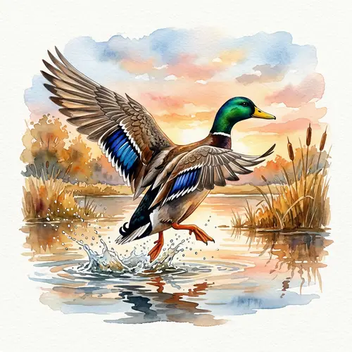Vibrant Watercolor Mallard Duck Taking Flight
