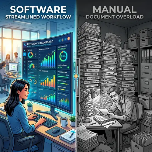 Efficient Software vs Document Pile: Productivity Illustration