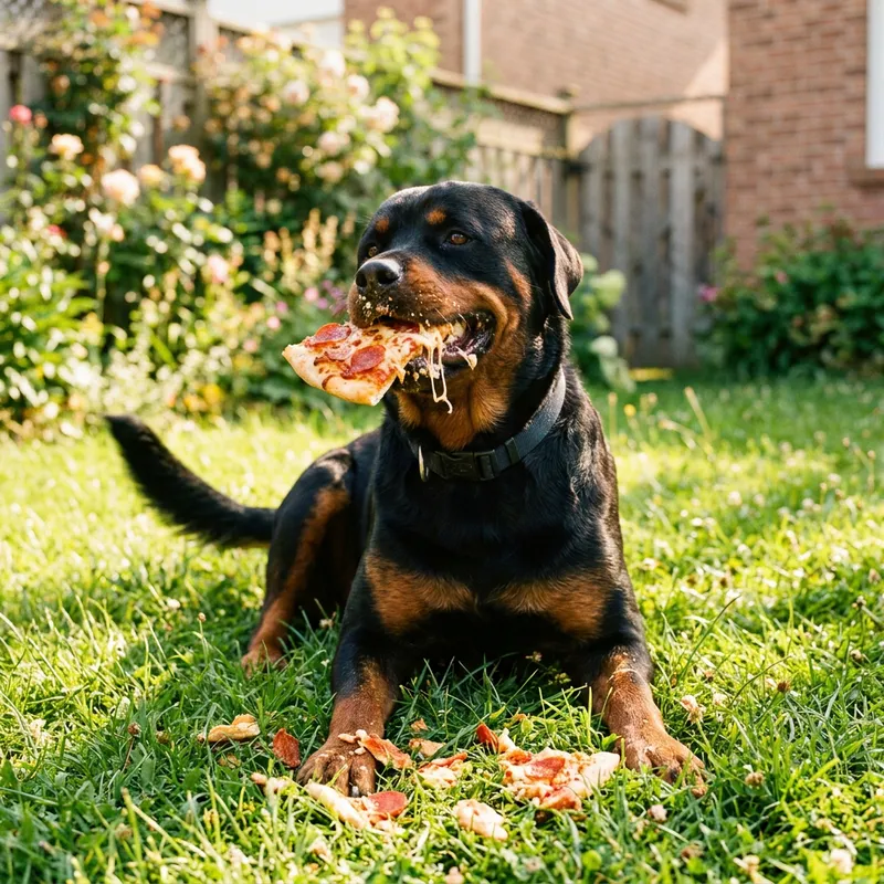 Joyful Rottweiler Devouring Pizza in Sunny Backyard