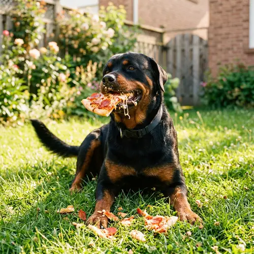 Cheerful Rottweiler Enjoying Pizza in Sunny Backyard