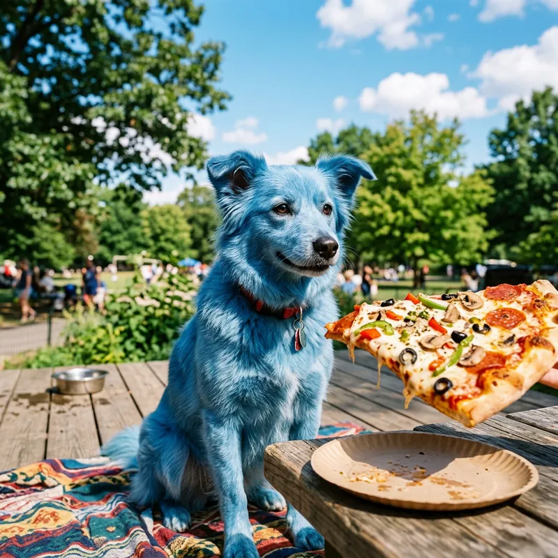 Blue Dog Eating Pizza Under Clear Blue Sky