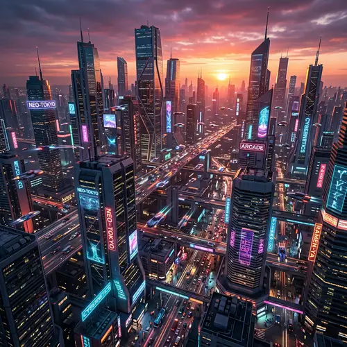 Futuristic Cyberpunk City at Sunset - Aerial Drone View