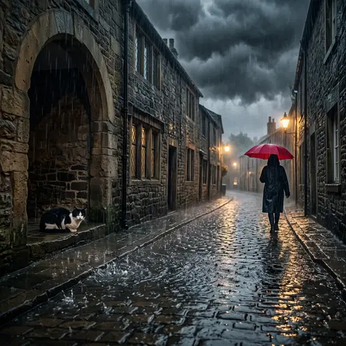 Atmospheric Rain Scene with Lone Figure and Stray Cat