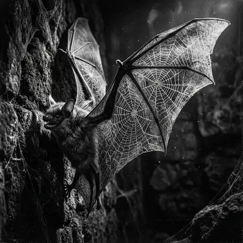 Horror-Style Black and White Bat with Spider Web Wings
