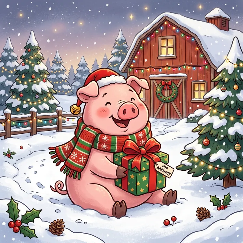 Christmas Pig Cartoon with Scarf & Present Christmas Pig Cartoon with Scarf & Present