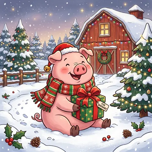 Christmas Pig Cartoon with Scarf & Present