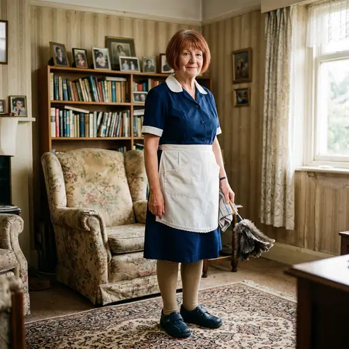 Elderly Woman in Blue-White Maid Outfit