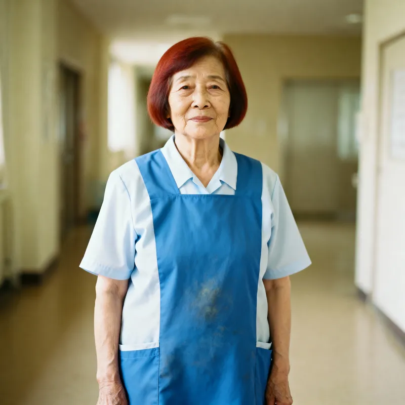 Elderly Woman in Blue-White Maid Outfit