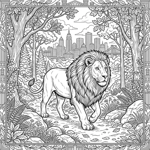 Majestic Lion Coloring Pages in Urban Forest