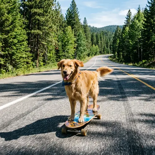 Joyful Dog Skateboarding Down Forest Highway