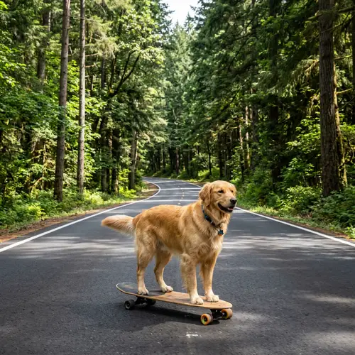 Dog Skateboarding on Highway Surrounded by Forest
