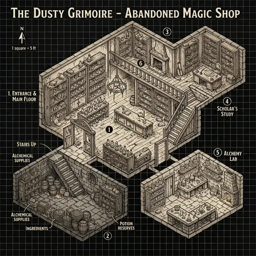 Isometric Map of Abandoned Magic Shop for D&D