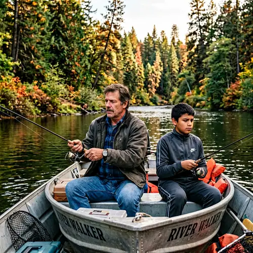 Caucasian Man Fishing with Grandson in a Picturesque Forest