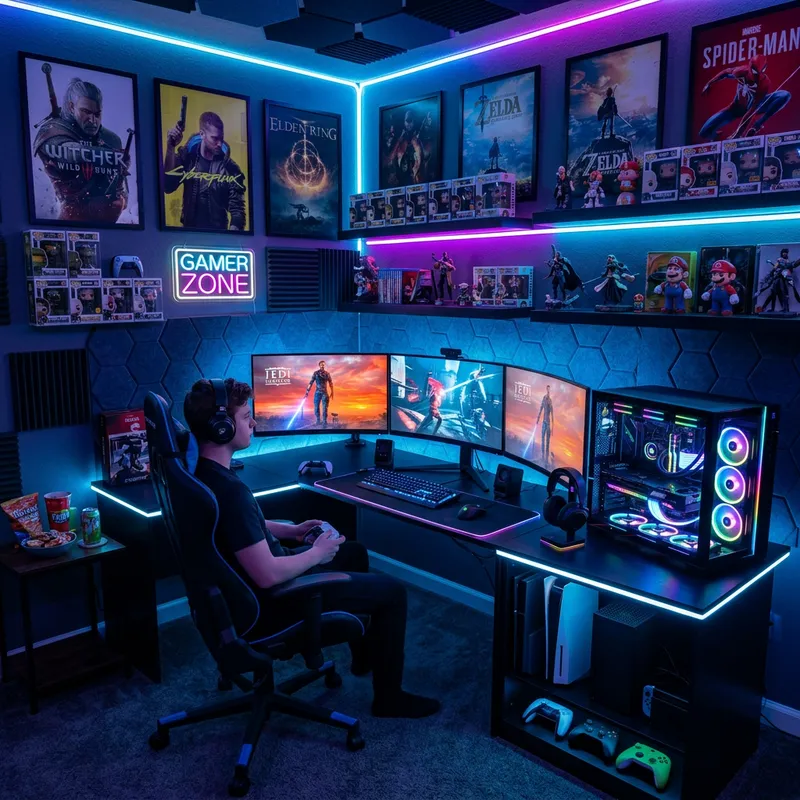 Ultimate Gaming Room Setup with Modern Consoles and LED Lighting Ultimate Gaming Room Setup with Modern Consoles and LED Lighting