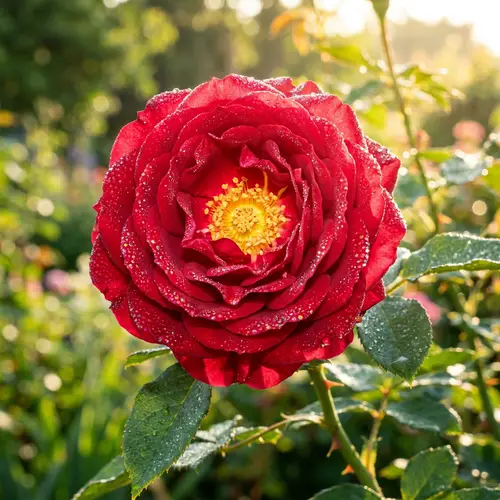 Vibrant Red Rose in Full Bloom with Dew Drops and Sunlit Backdrop