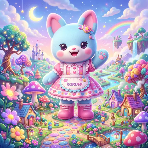 Giant 3D Korumi Character in Whimsical Landscape