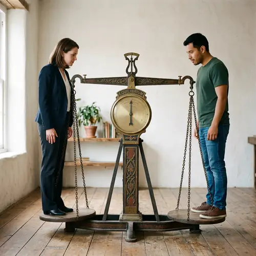 Professional Woman vs. Casual Man on Scales: Comparison Scene