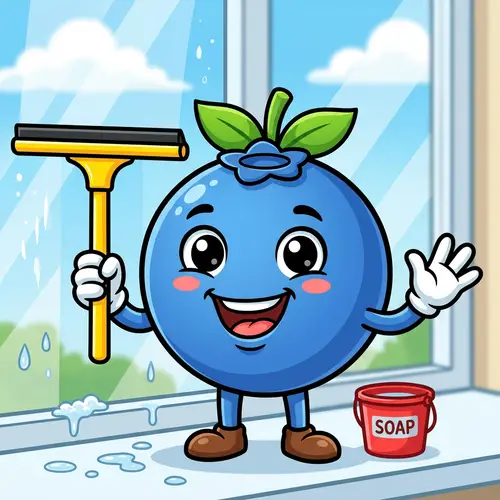 Smiling Blueberry Cartoon with Squeegee