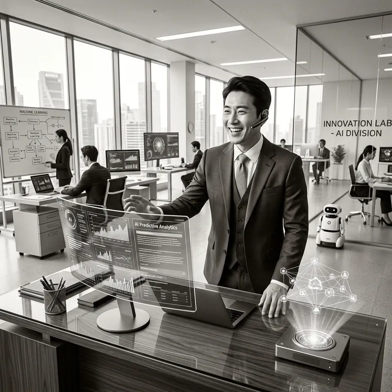 East Asian Businessman Utilizing AI Tools in Modern Office Setting