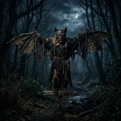 Nightmare Scarecrow Monster: Bat-Like Vigilante in Woods