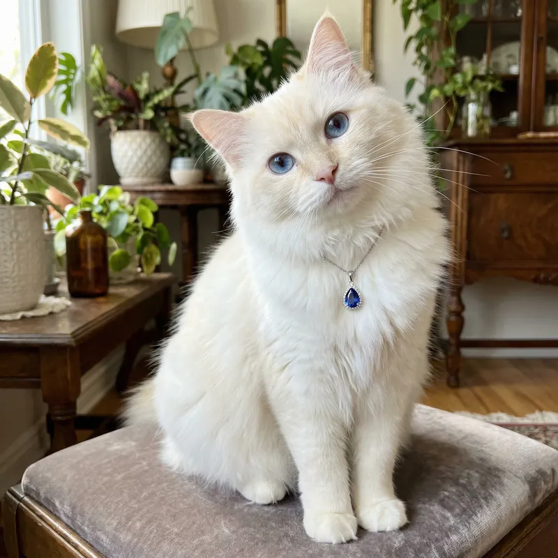Adorable White Cat with Blue Eyes and Pendant Adorable White Cat with Blue Eyes and Pendant