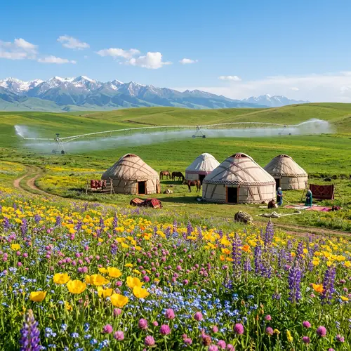 Spring Flowers and Kazakh Yurts in Serene Rural Setting