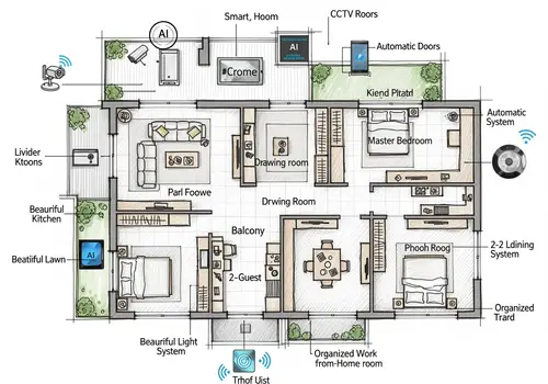 Smart Home Layout with AI Gadgets and Automation